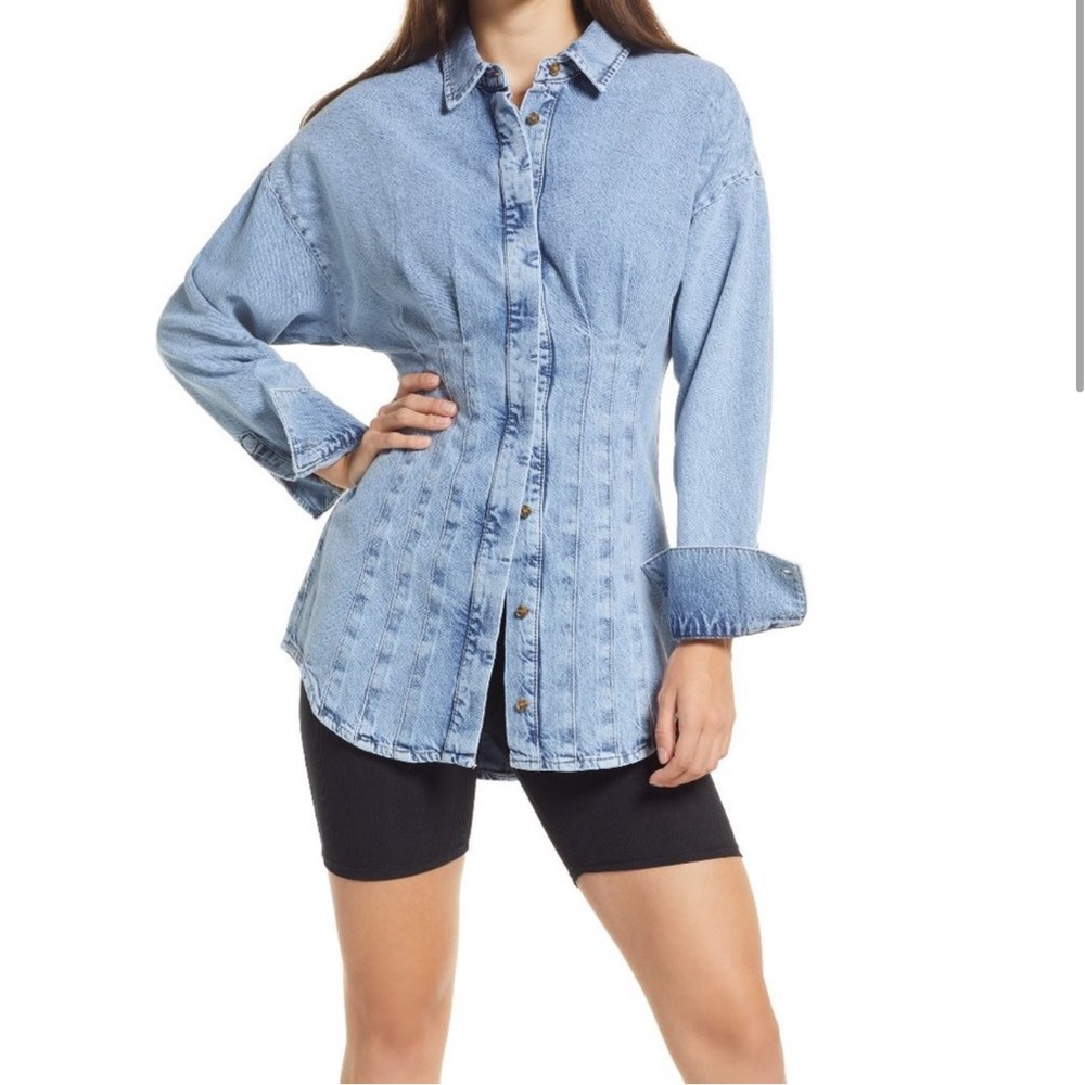 Good American Seamed Long Sleeve Denim Shirtdress size 1